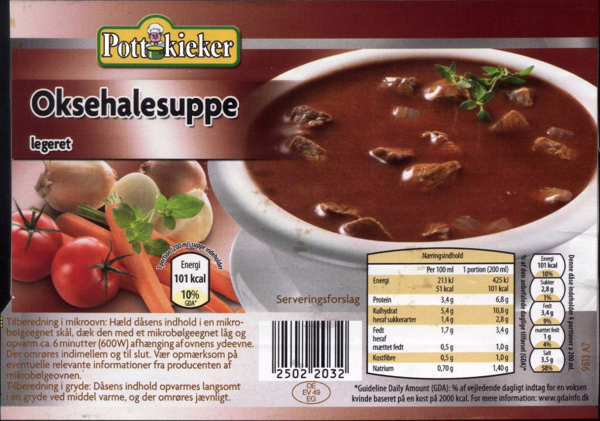 En slags oksehalesuppe. De afbildede grntsager har intet med produktet at gre.